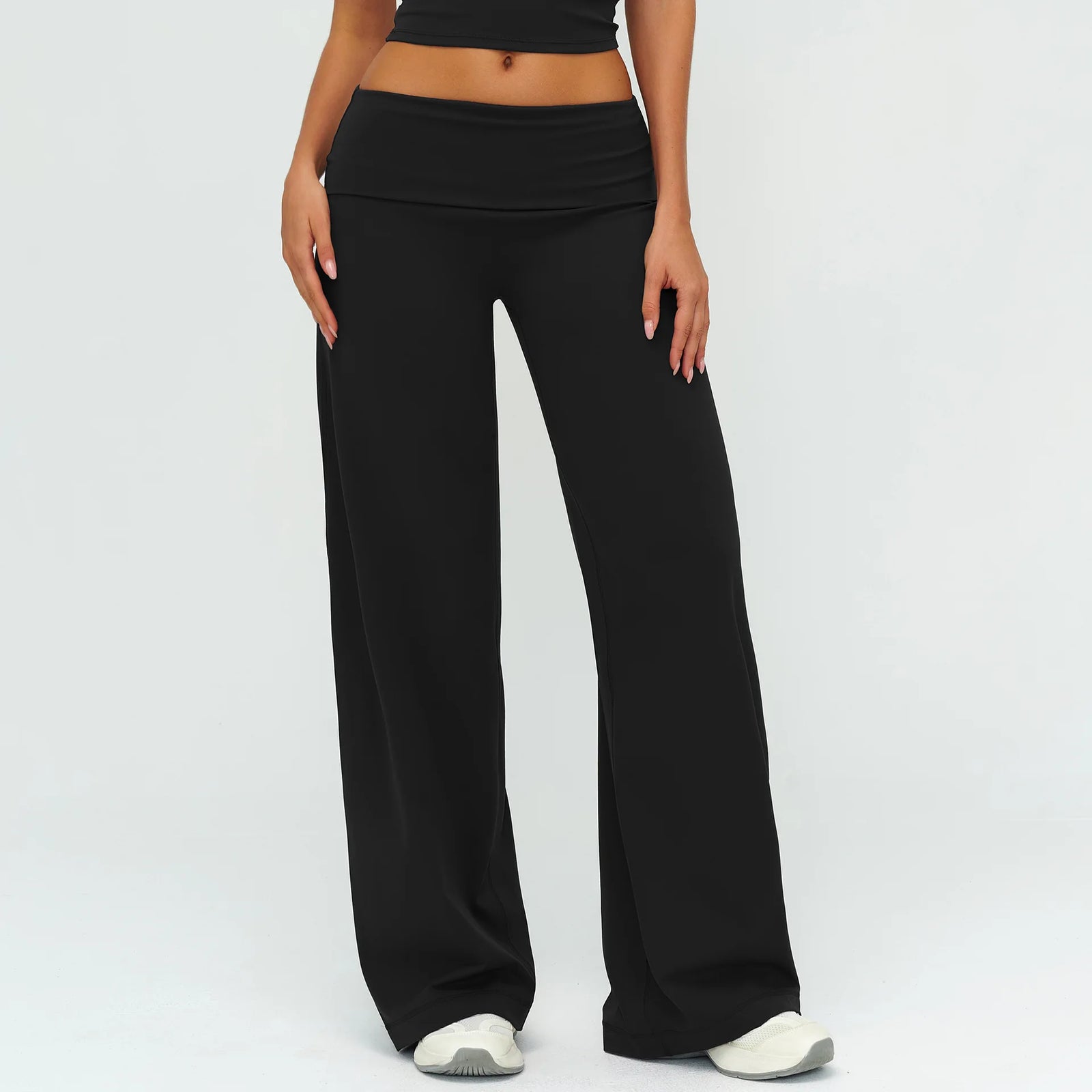 Women's Fold Over Waist Nylon Blend Wide Leg Pants for Casual Activewear