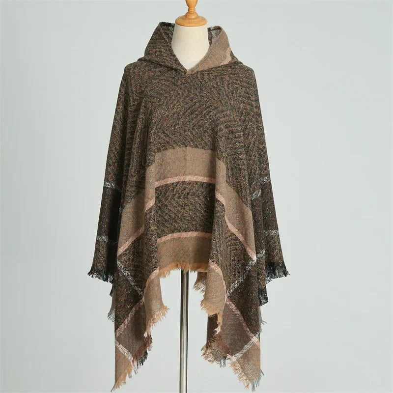 Hooded Stripe Fringe Poncho for Layering over Outfits