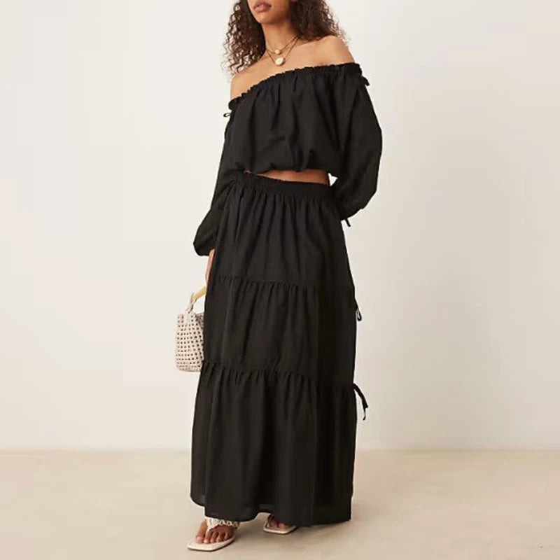 Women's Cotton-Linen Off-Shoulder Top and Tiered Maxi Skirt Set with Tie Details