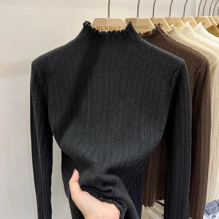 Women's Polyester Solid Long-Sleeve Mock-Neck Slim-Fit Knit Pullover Sweater for Winter Outfits