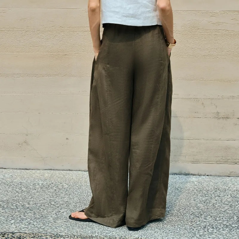 Women's Linen High-Waist Loose Wide-Leg Full-Length Pants with Pockets and Zipper Fly