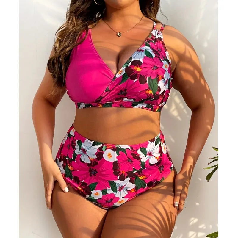 Women's Printed Contrast Panel Top and High Waist Bikini Set