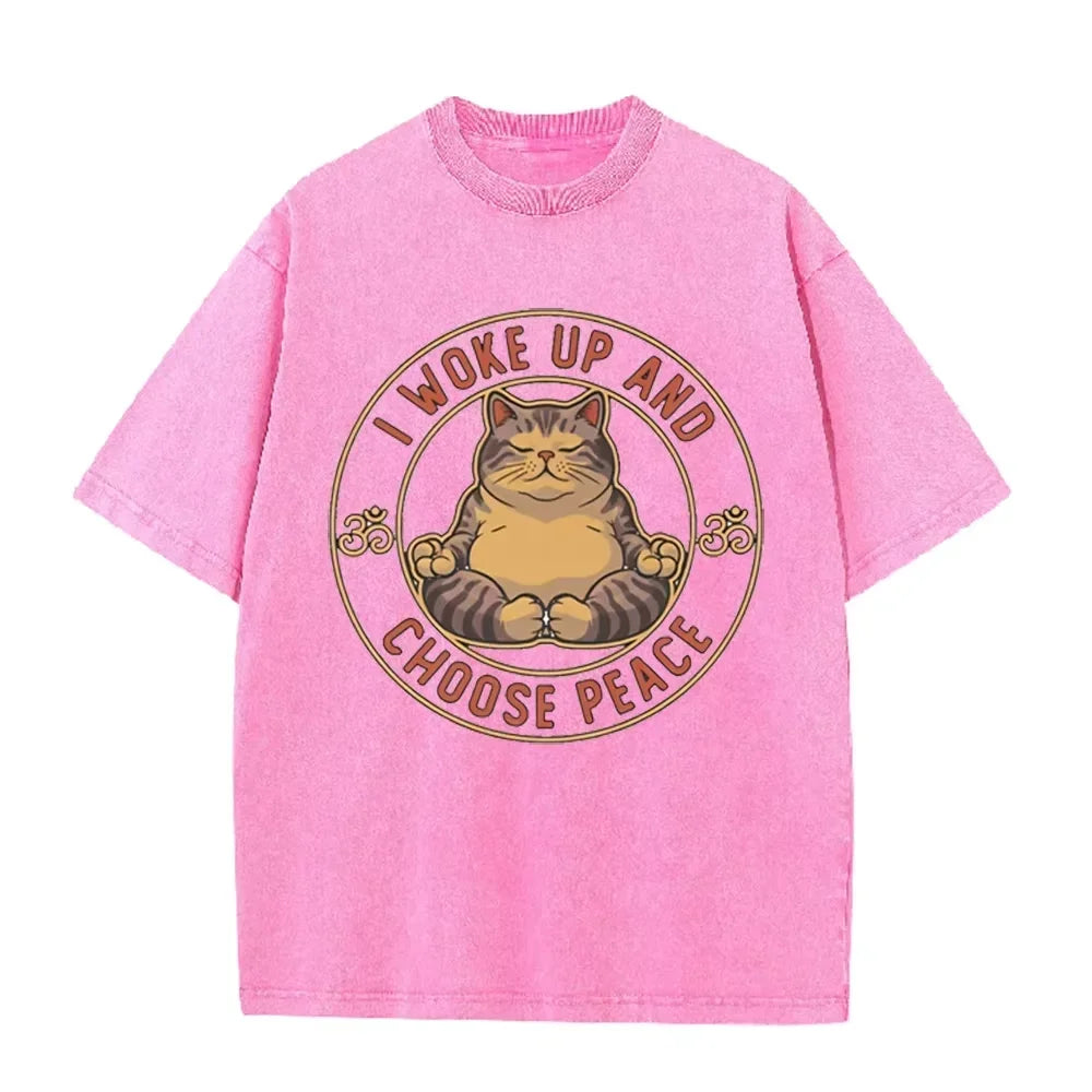 Retro Beige Zen Yoga Tabby Cat Om Symbol Acid Wash Oversized Streetwear Tee