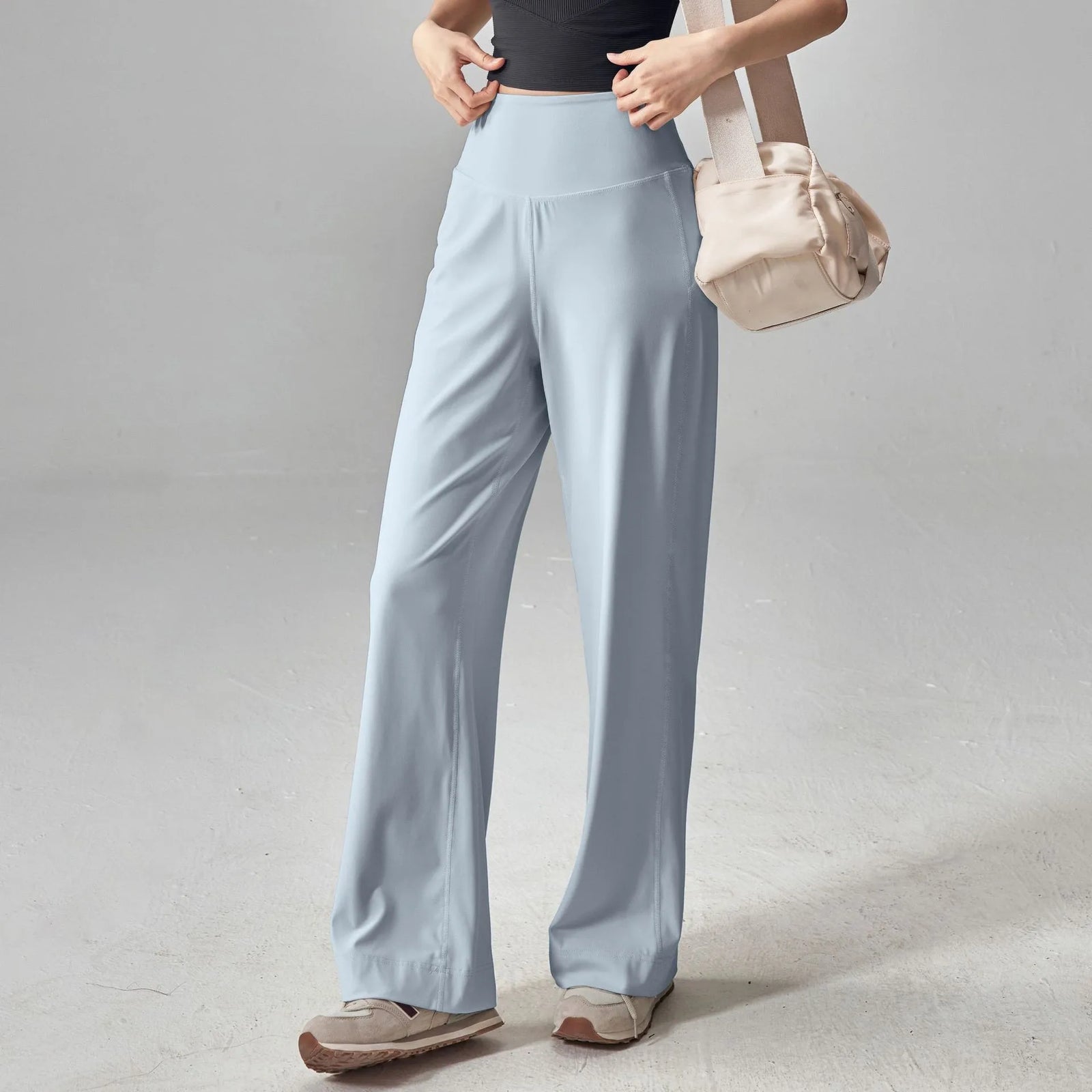 Women's Crossover Waist Nylon Blend Wide Leg Workout Pants with Pockets
