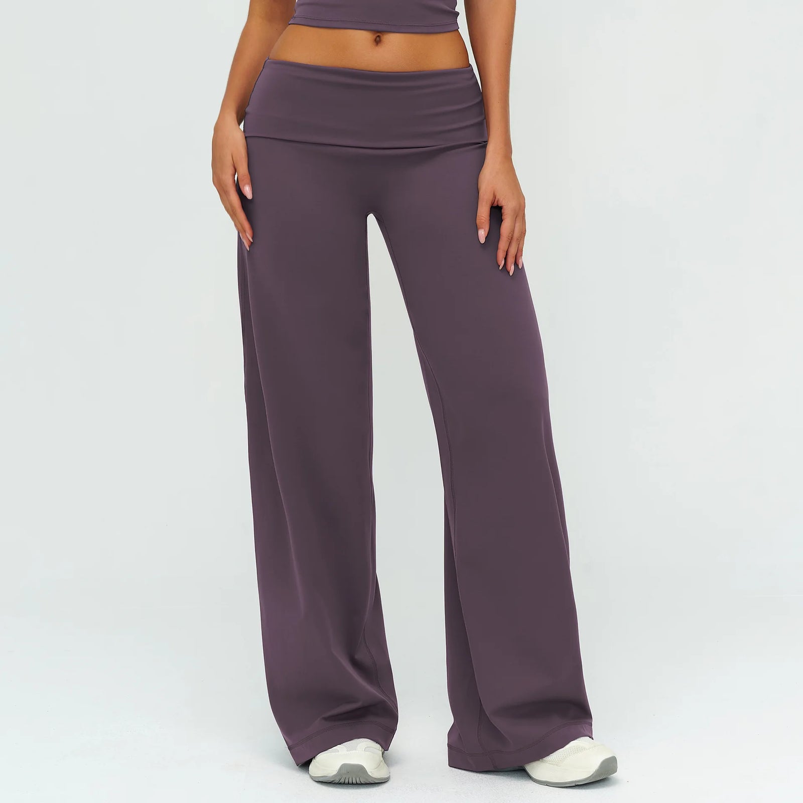 Women's Fold Over Waist Nylon Blend Wide Leg Pants for Yoga and Lounge Outfits