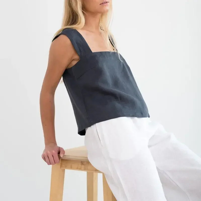 Women's Cotton-Linen Sleeveless Cropped Tank Top with Square Neck for Summer Outfits