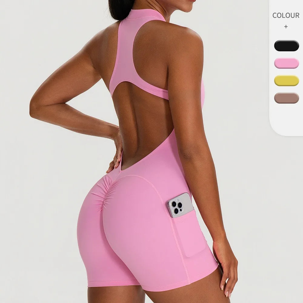 Women's Halter Neck Nylon Blend Workout Romper with Front Zip