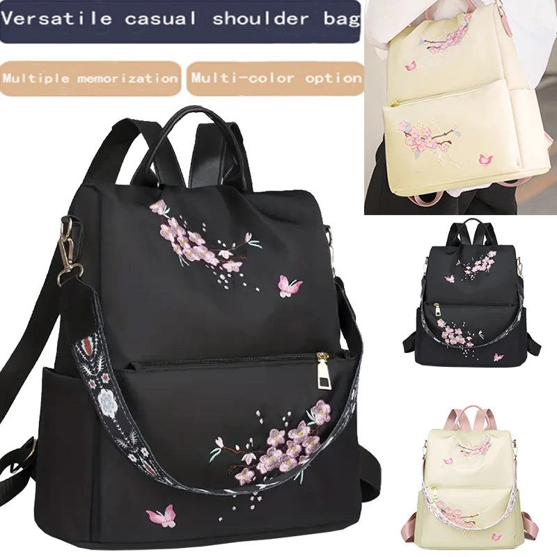 Floral Print Backpack with Rear Zipper Opening and Top Handle