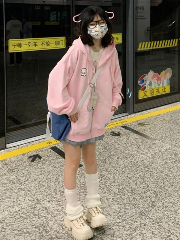 Harajuku Kawaii Pink Zip Up Hoodie Women Sweet Cute Cartoon Beige Hooded Sweatshirts Oversize Korean Fleece Girly Blue Top