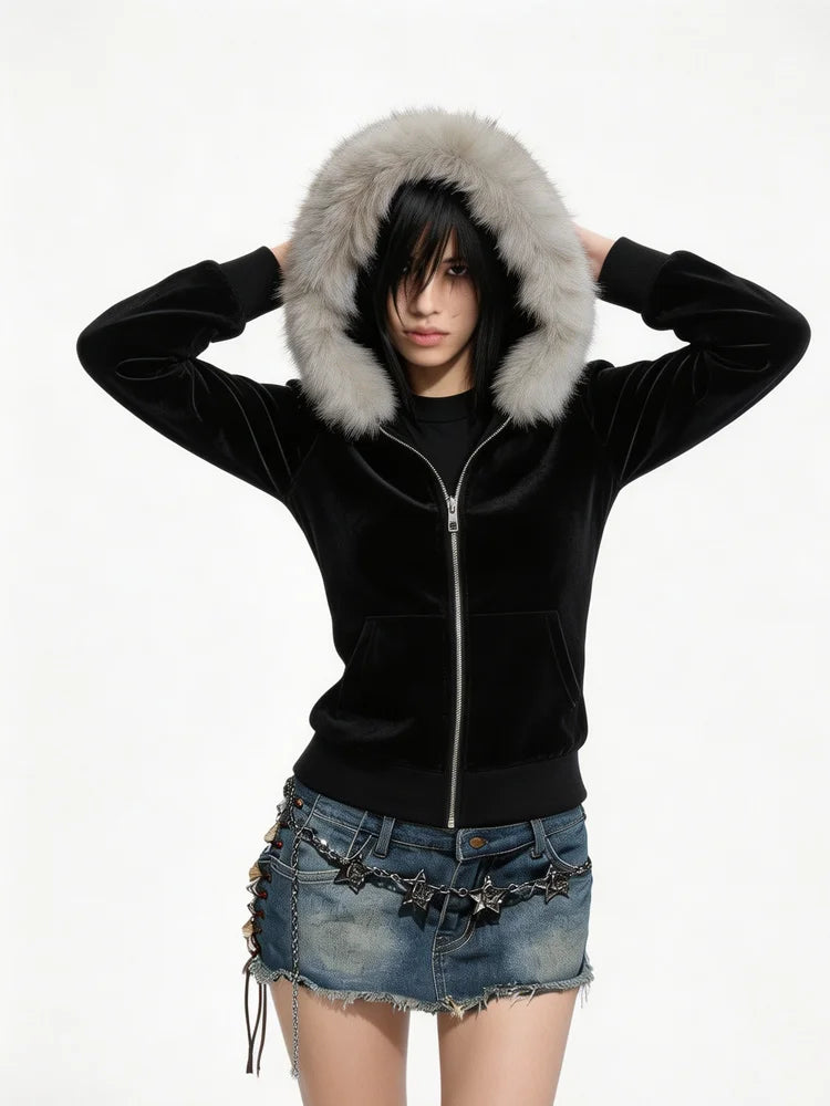 Fluffy Trim Long Sleeve Full Zip Casual Hoodie