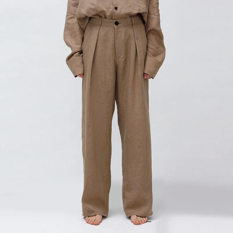 Women's Linen Loose Wide-Leg Full-Length Pants with Button Fly for Casual Outfits