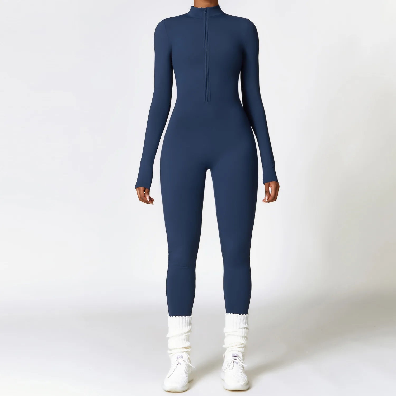 Women's Long Sleeve Nylon Blend Workout Jumpsuit with Front Zipper and Collar