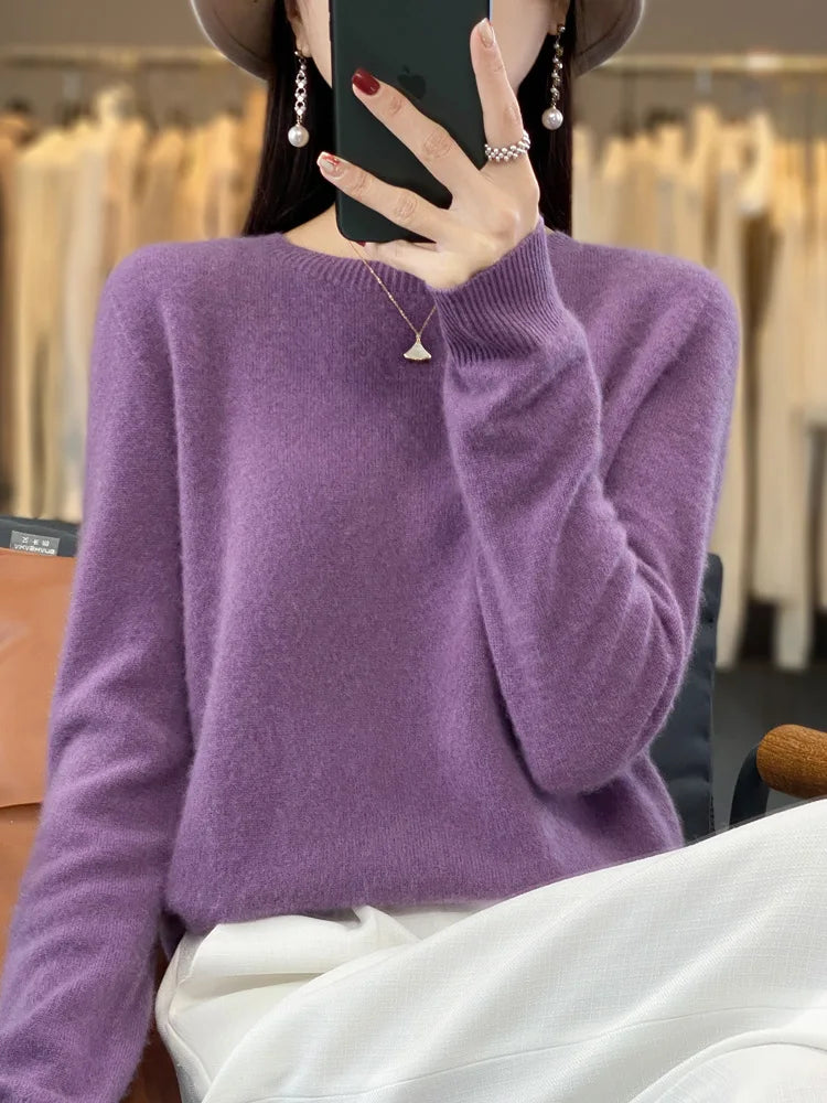 Women's Fluffy Round Neck Long Sleeve Sweater Casual Knit Layer
