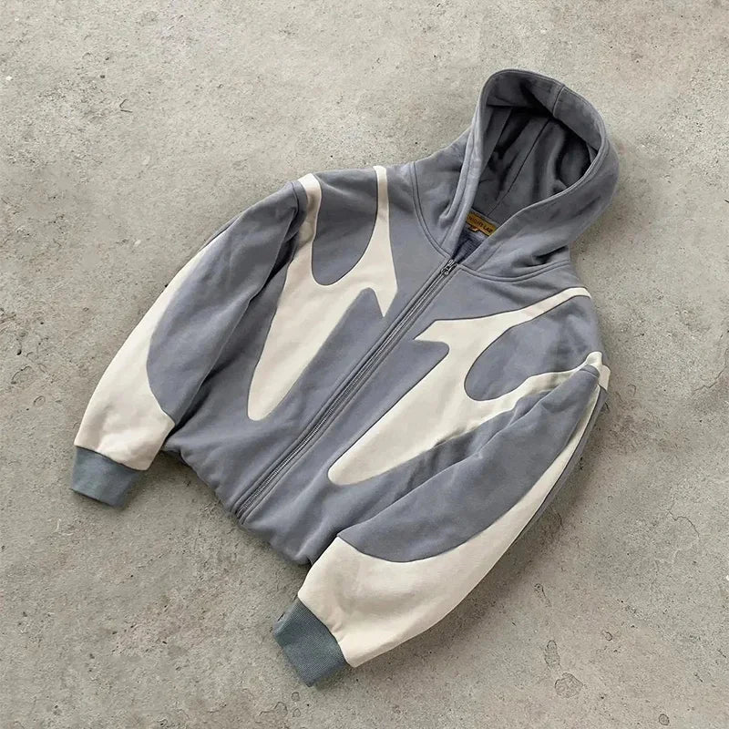 Color Block Long Sleeve Full Zip Casual Hoodie