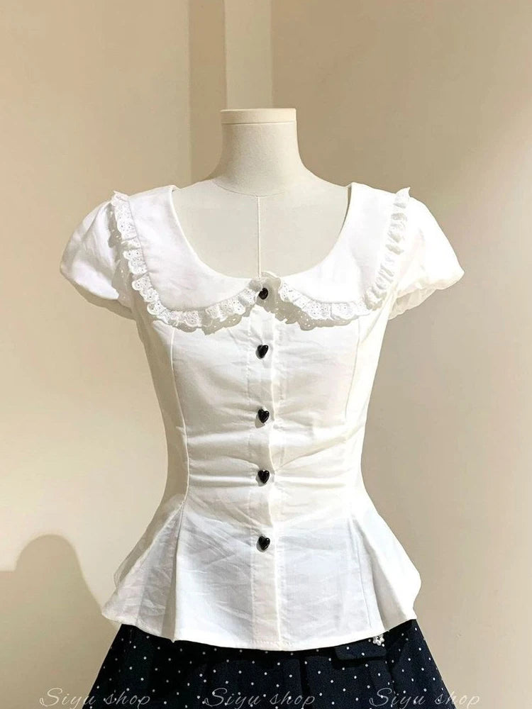 Women's Lace Detail Peter Pan Collar Button Front Shirt