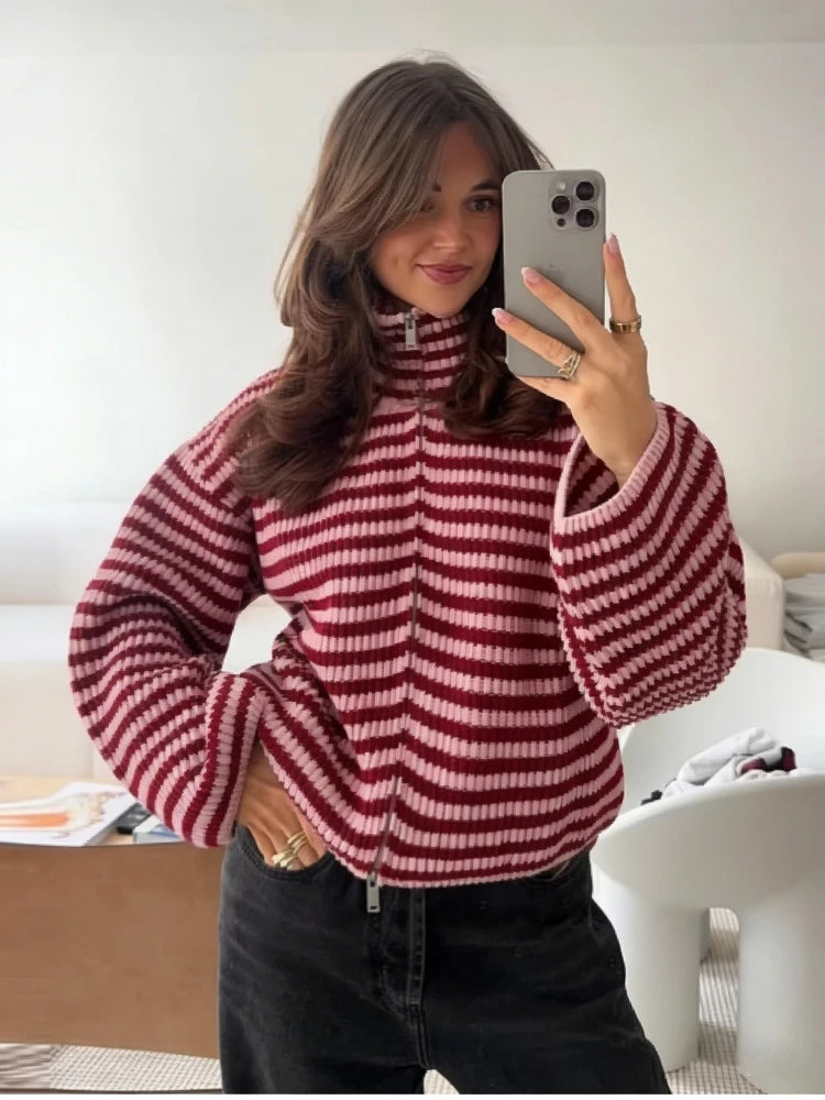Women's Striped Full Zip Cardigan Casual Knit Layer
