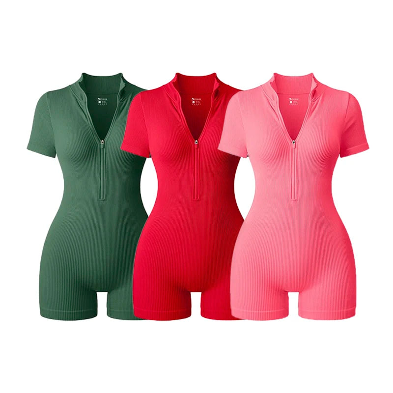 Women's Short Sleeve Nylon Blend Romper with Collar and Front Zip