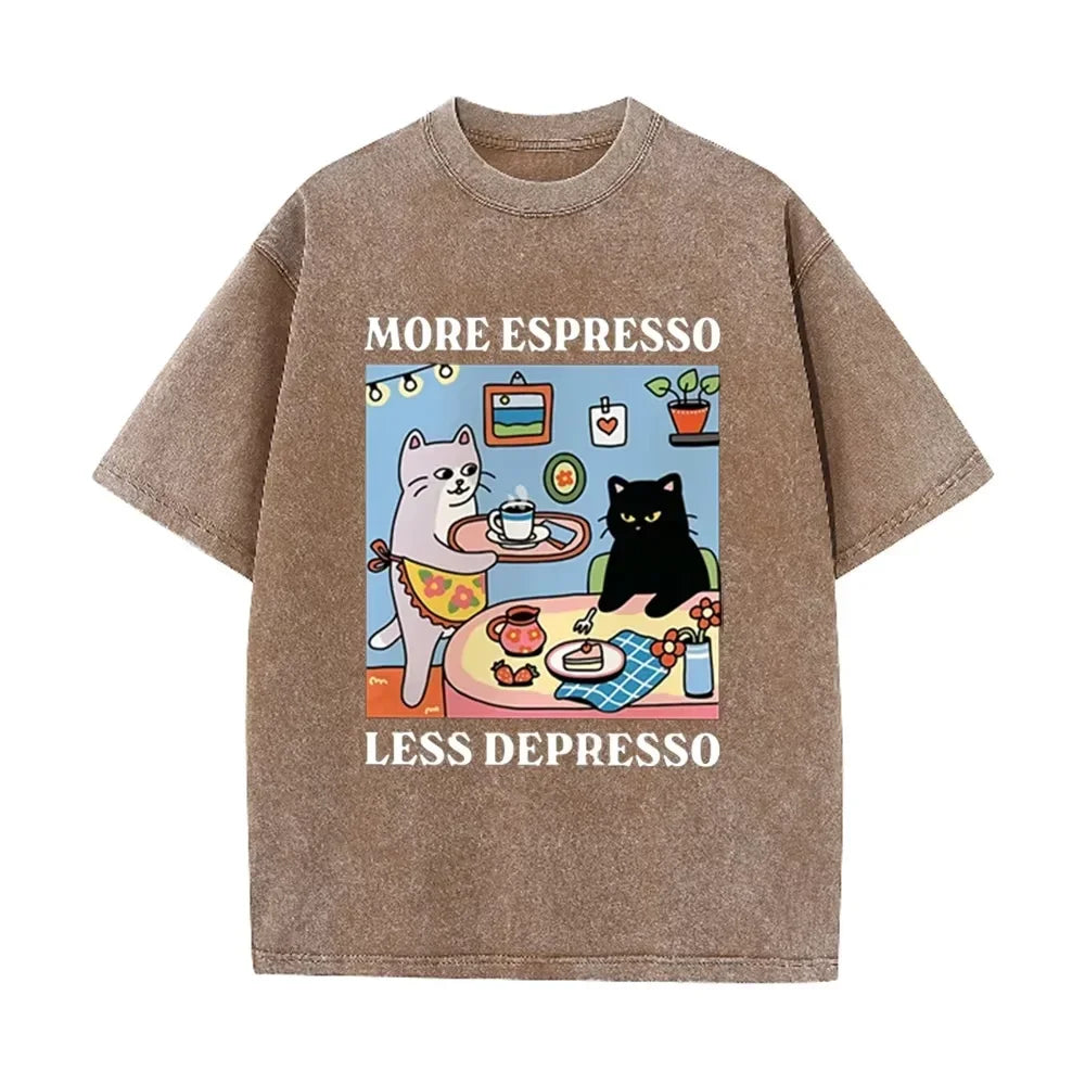 Vintage Black Cat Coffee T Shirt More Espresso Less Depresso Graphic Acid Wash Tee