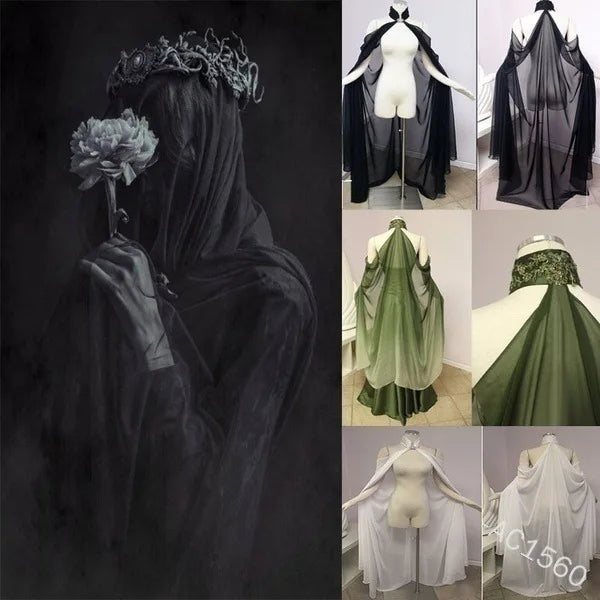 Neck Tie Sheer Long Cape for Layering over Outfits