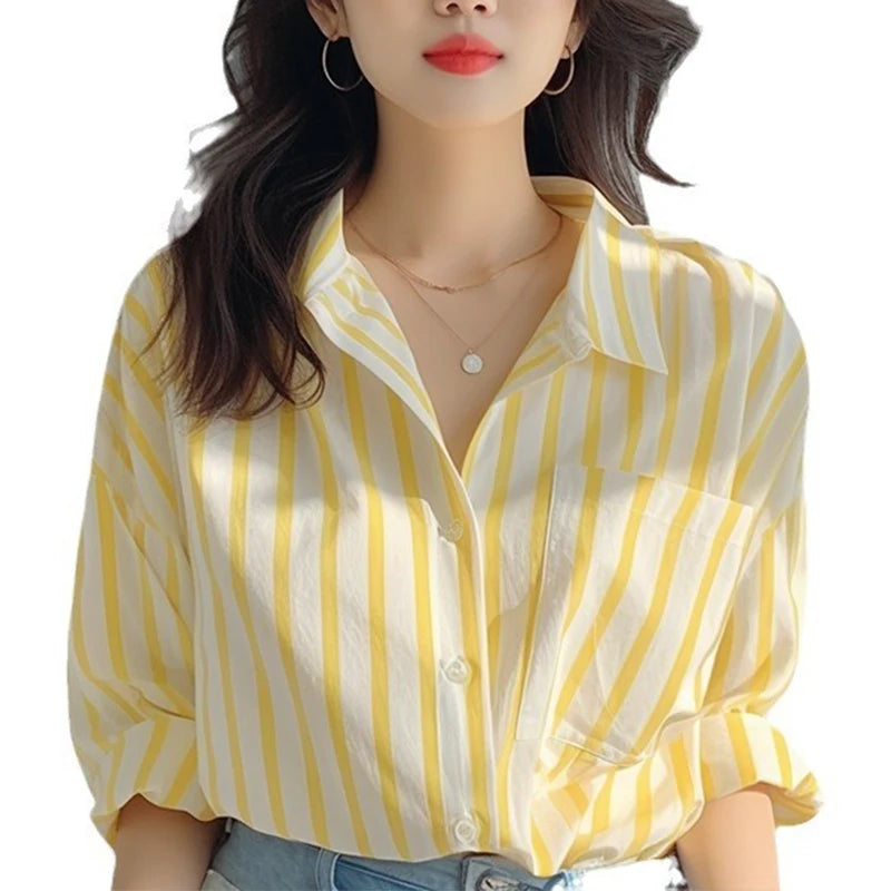 Women's Striped Collared Long Sleeve Shirt