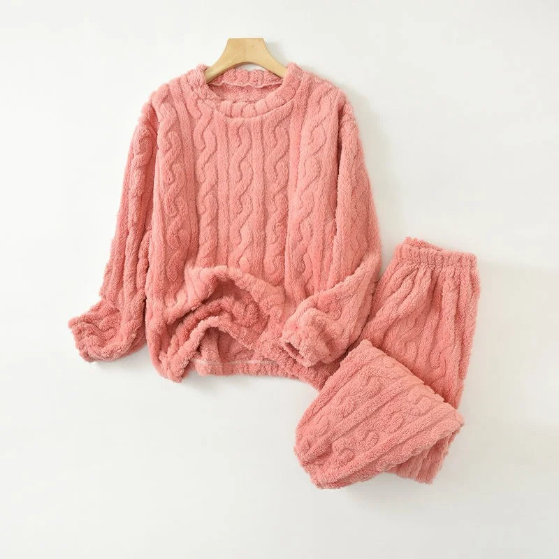 Women's Cable Texture Long Sleeve Pajama Set with Top and Pants