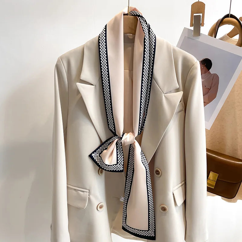 Printed Long Narrow Scarf with Decorative Ribbon Shape