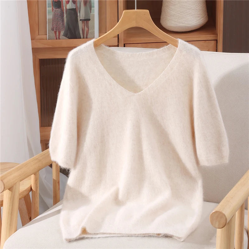 Women's V Neck Short Sleeve Sweater Casual Knit Layer