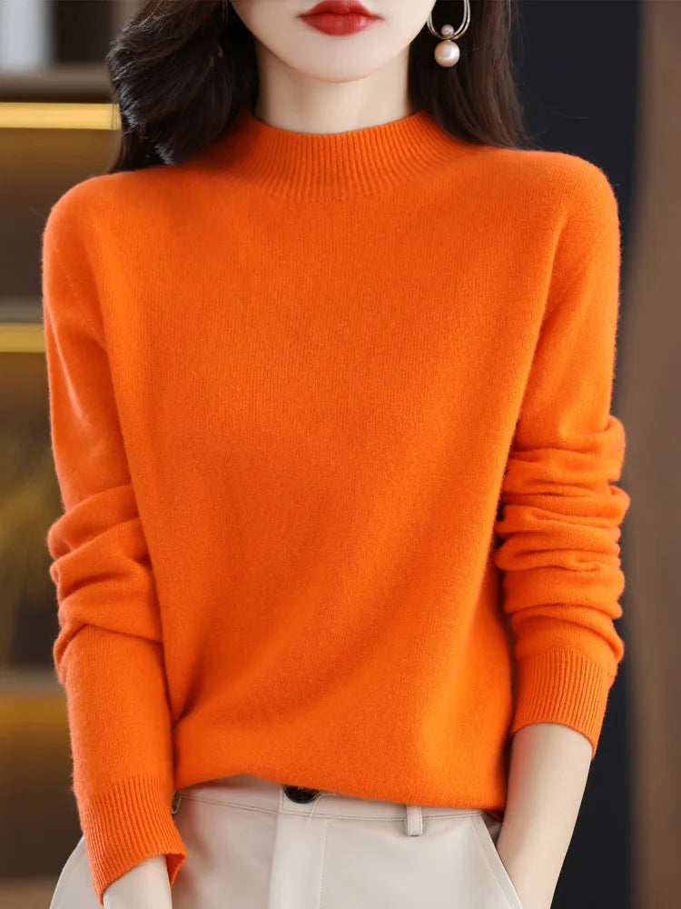Women's Plain Mock Neck Long Sleeve Sweater Casual Knit Layer