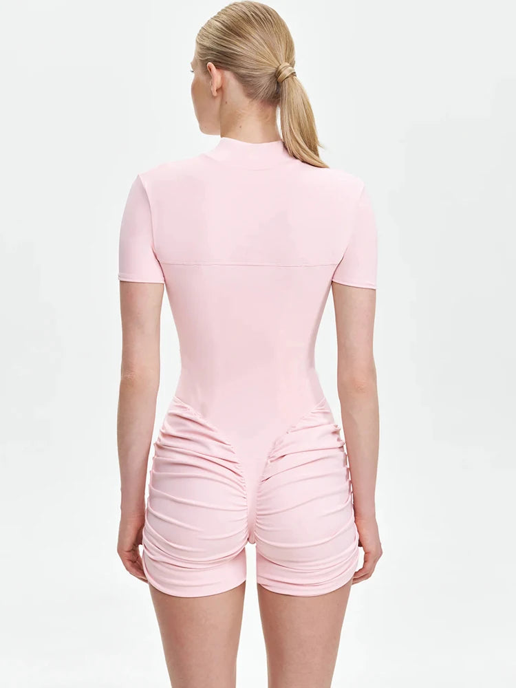 Women's Ruched Short Sleeve Polyester Blend Romper with a Front Zip