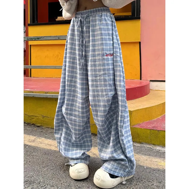 Women's Blue Check Pants with Drawstring Waist and Wide Legs