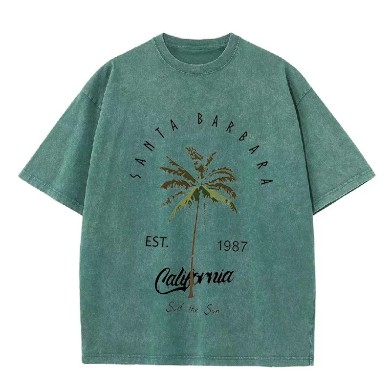 Vintage Palm Tree Print T Shirt Santa Barbara Retro Washed Cotton Tee
