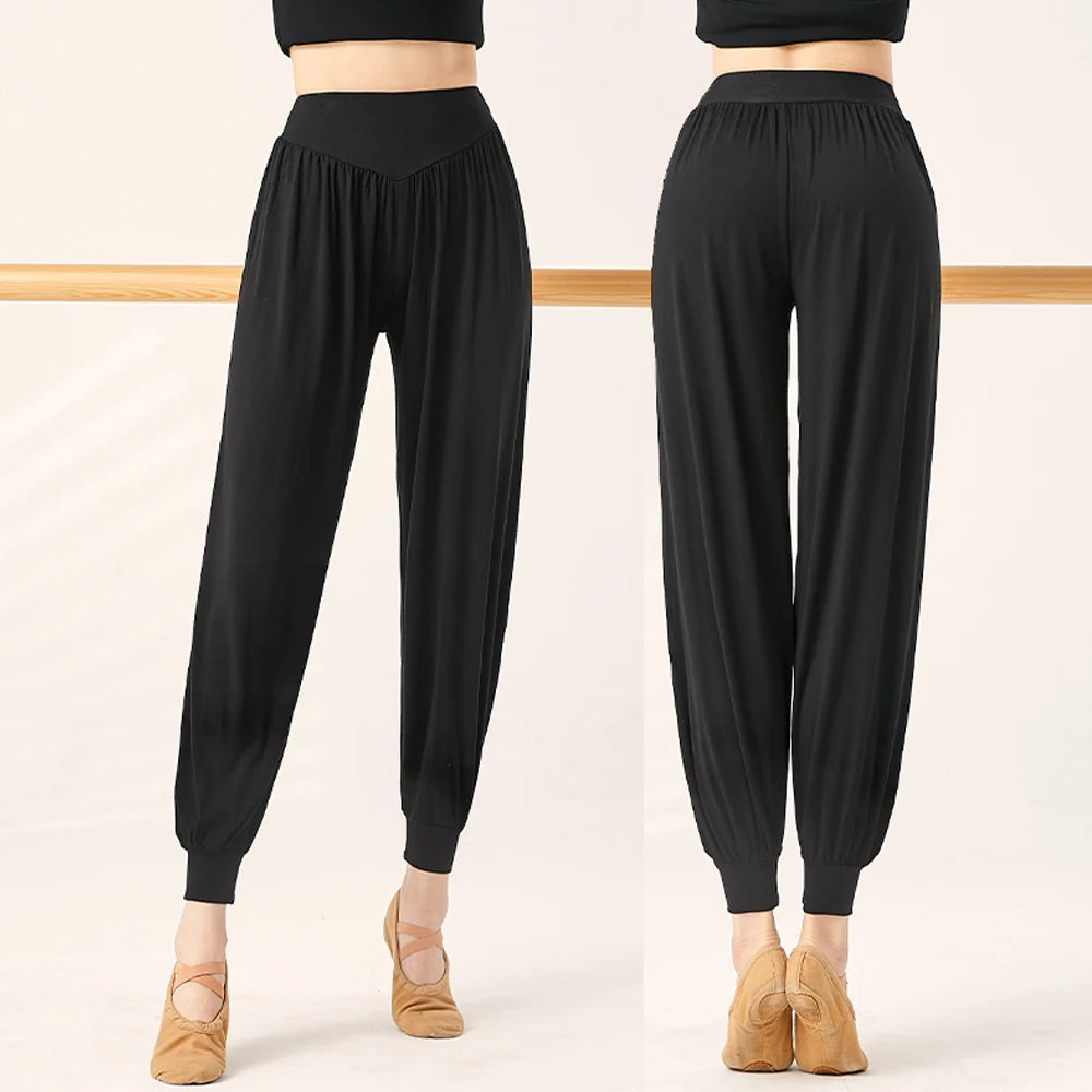 Women's High Waist Polyester Harem Dance Pants with Loose Legs and Gathered Ankles