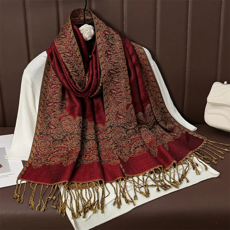 Paisley Floral Print Long Scarf with Fringed Ends