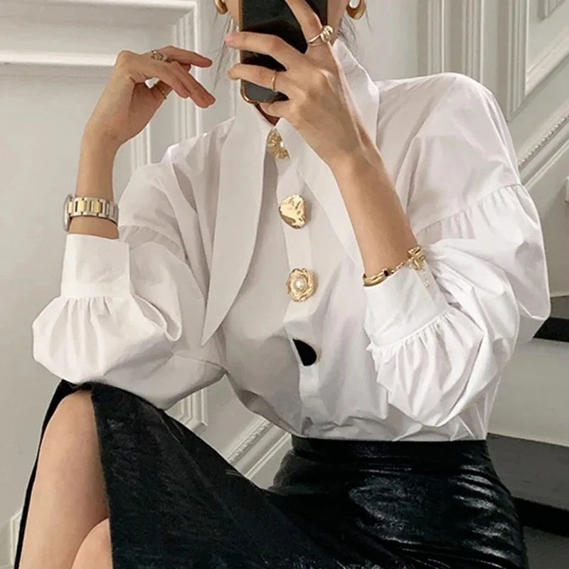 Women's Cropped Puff Sleeve Statement Button Blouse