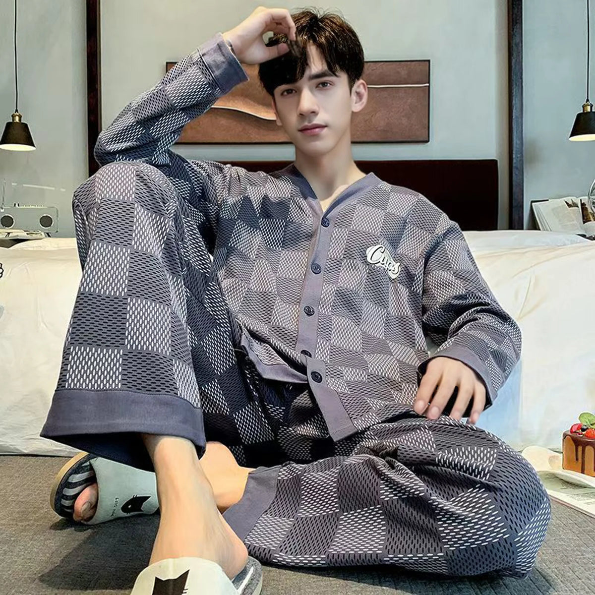 Men's Printed Button Front Long Sleeve Shirt and Pants Pajama Set