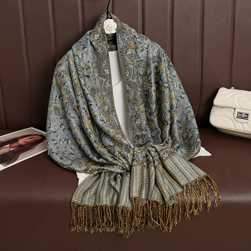 Paisley Floral Print Long Scarf with Fringed Ends