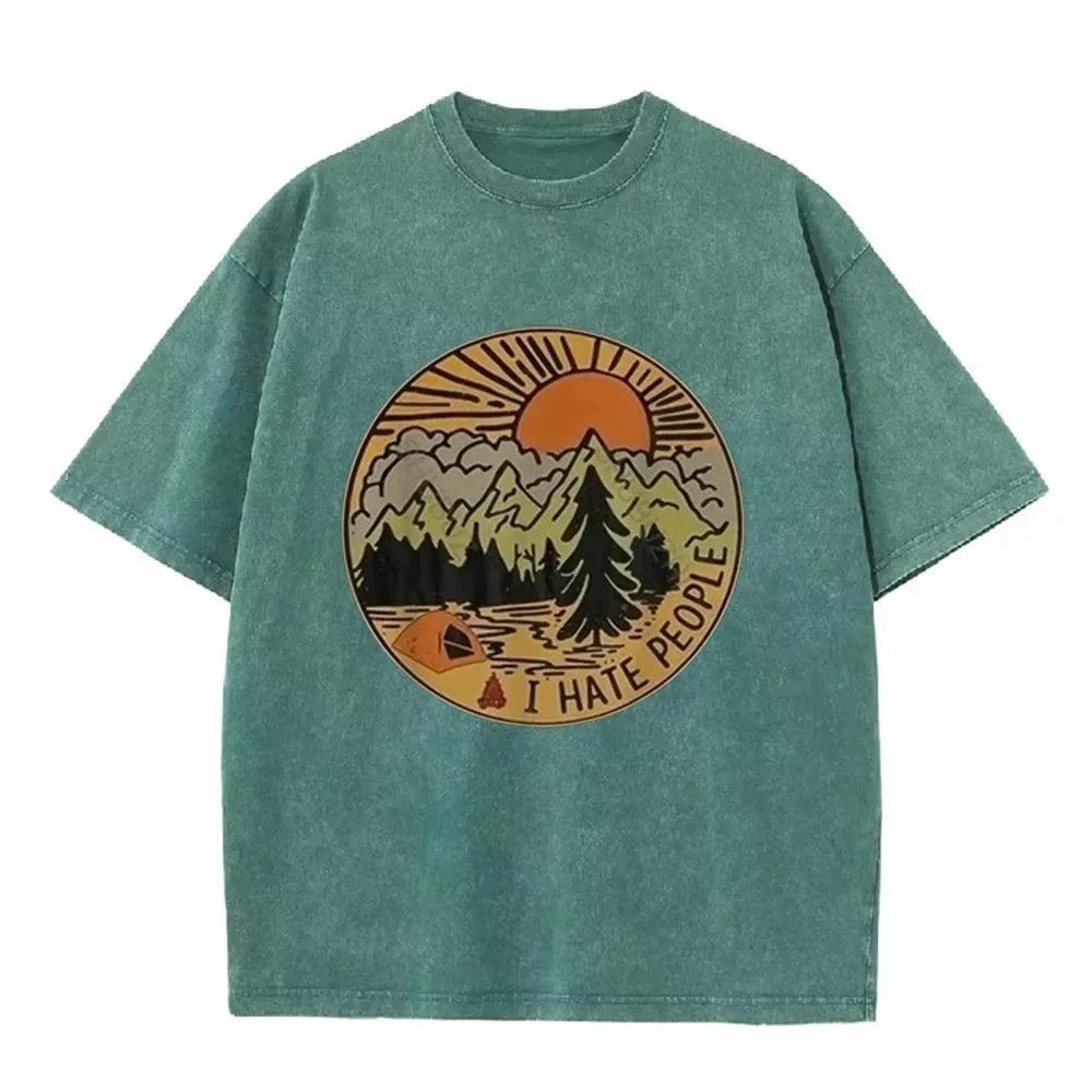 Vintage Camping I Hate People Print Washed Black Casual Outdoor T Shirt