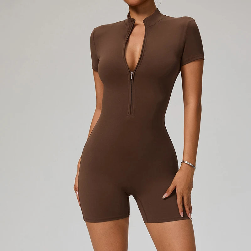Women's Short Sleeve Nylon Blend Workout Romper with Stand Collar Zip