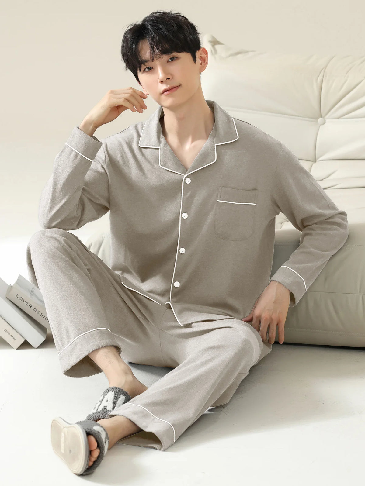 Men's Button Front Long Sleeve Pajama Set for Home Wear