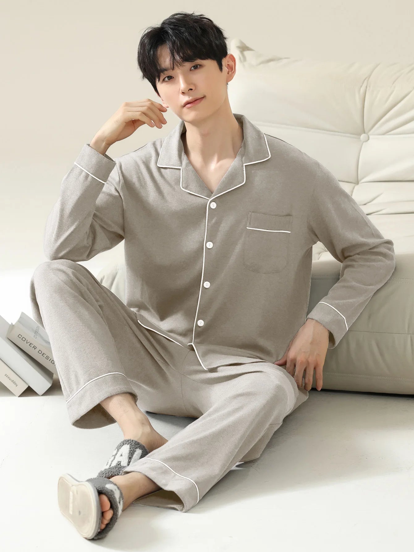 Men's Button Front Long Sleeve Pajama Set for Home Wear