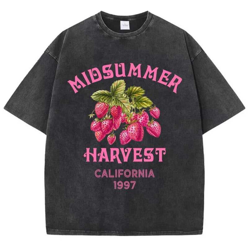 Men's Cotton T-shirt Strawberry Printed Washed T-shirt Comfortable Round Neck Top Men's Summer Clothing