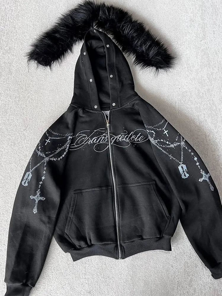 Fluffy Trim Long Sleeve Full Zip Casual Hoodie