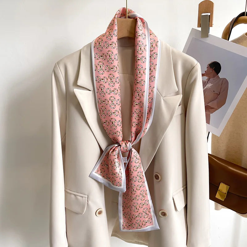 Printed Long Narrow Scarf with Decorative Ribbon Shape