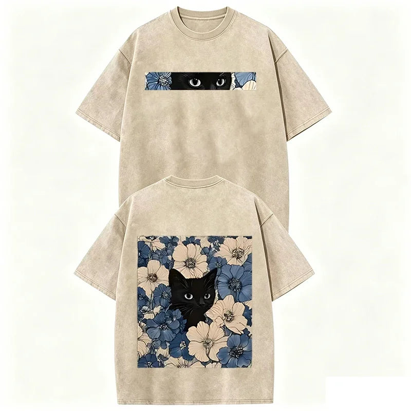 Vintage Washed Black Cat Floral T Shirt Double Sided Print Streetwear Casual Tee