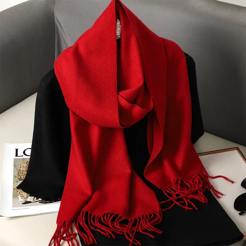 Solid Long Rectangular Scarf with Decorative Fringe Trim