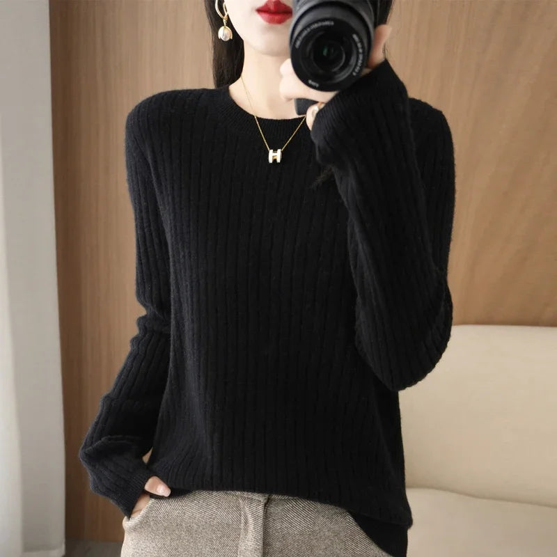 Women's Ribbed Crew Neck Long Sleeve Sweater Casual Knit Layer