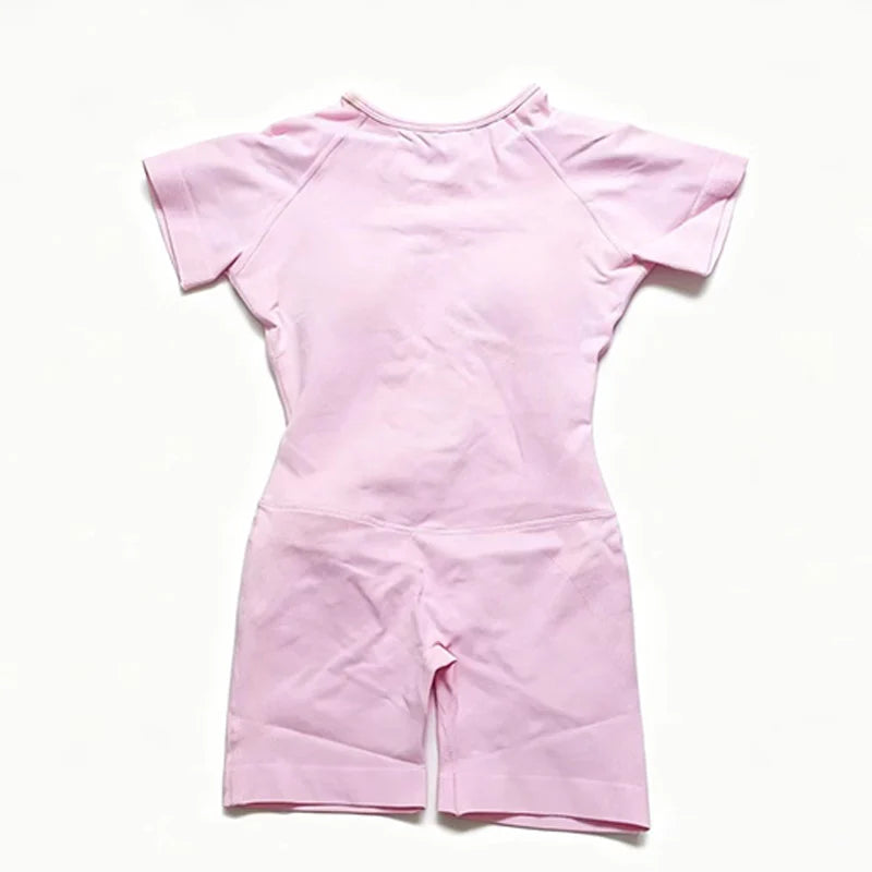 Women's Short Sleeve Nylon Workout Romper with Open Back and Fitted Shorts