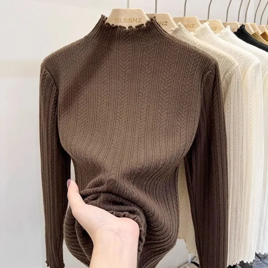 Women's Polyester Solid Long-Sleeve Mock-Neck Slim-Fit Knit Pullover Sweater for Winter Outfits