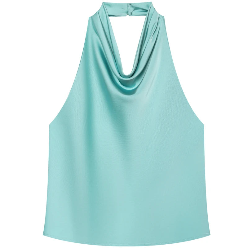 Women's Satin Polyester Halter Camisole with a Draped Front and Open Back