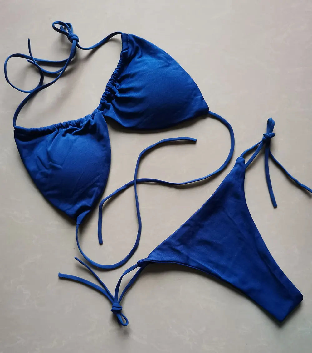Women's Tie String Triangle Bikini Top and Thong Set